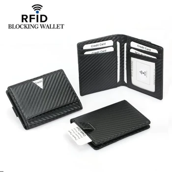 Ретро портфейл с RFID-заключване за мъже, бизнес кожен калъф, изработени от въглеродни влакна, тънък калъф за кредитни ID-карти, разтегателен държач за банкови карти, черен