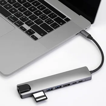 Хъб USB C 8 в 1, съвместима с Hdmi док-станция за бързо зареждане Pd, 100-метров Ethernet порт за лаптоп Macbook, преносим компютър