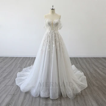 Ново сватбена рокля с V-образно деколте и влак с отворени рамене, дантелено сватбена рокля трапецовидна форма