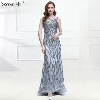 Сивото Блестящо секси вечерна рокля Русалка без ръкави, Луксозни вечерни рокли с кристални пайети 2023 Реална снимка LA6399