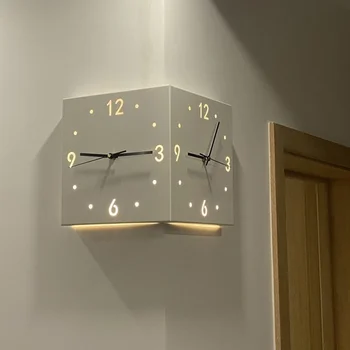 Творчески ъглов стенен часовник с сензор за осветление, квадратни Прости двустранни стенни часовници с мащаба с арабски цифри, аналогова безшумни стенни часовници