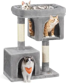 Котешки дърво FEANDREA с Вързана Сизалем Когтеточками и 2 Плюшени играчки за котки Акт за котенца Светло сив цвят UPCT61W