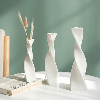 3шт Креативна керамична ваза с неправилна форма, ваза с усукана геометрия, бяла и черна договореност, стилен декор за дома