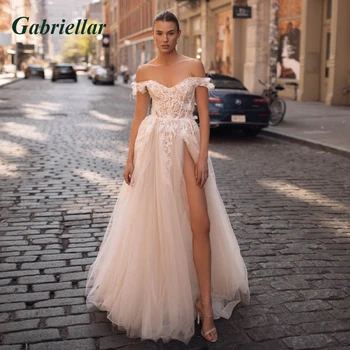 Gabriellar привлекателен с рамото сватбени рокли за Марьяж тюл апликация на линия високо Сплит влак светкавица почистване 