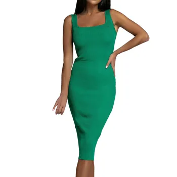 Зелена лятото однотонное рокля с квадратна яка, чанта без ръкави, дебнещ рокля, Vestidos, секси плетени рокли със средна дължина, в рубчик за жени