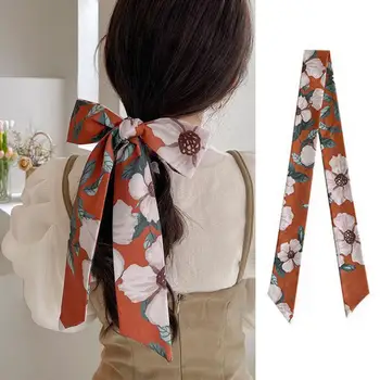Дамски лента за коса, Шал от изкуствена коприна с флорални принтом, луксозно декорация на чанта, аксесоар за коса от гладка тъкан цветостойкой