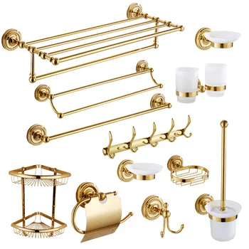 Златна закачалка за хавлии в европейски стил, закачалка с хавлиени кърпи, изцяло медна баня, рафт за тоалетна, определени окачващи механизми за оборудване на баня