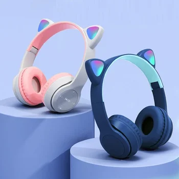 Детска Слушалки Cat Ear Bluetooth-Съвместими Каски, Светещи ушите, Стерео Бас Спортни Слушалки за КОМПЮТЪР И Телефон