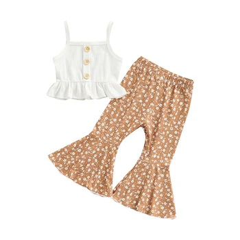 Комплект Летни дрехи за малките момичета, обикновена плетени блузи с рюшами в рубчик + разкроена панталони с флорални принтом