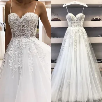 Плажна Секси рокля сватба трапецовидна форма с тънки спагети презрамки 2021, Реколта лейси апликация, Бяла сватбена рокля Mariage от тюл във формата на сърце, Дълга сватбена рокля
