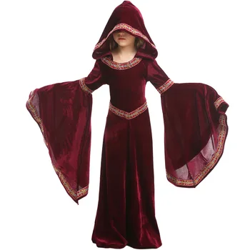 Детски дрехи за момичета в ретро стил средновековна драма, с изгорени ръкави, рокля с качулка в стил вампир, детски костюми за cosplay на Хелоуин облекло за ролеви игри