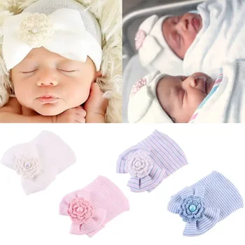 Детски топли шапка 0-6 м, памучни шарени шапки, шапка за новородено, меки розови бели шапки с лъкове за момчета и момичета за новородени