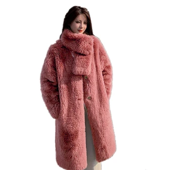 Дълго палто от изкуствена кожа с V-образно деколте дамски зимни космати яке с шал, женски плюшевое палто с заниженными ръкави, Елегантна мода на горно облекло 5XL