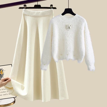 Малка зимна костюм за мързеливи, есенно-зимния комплект с корейската нежна свободна версия, пуловер с плетиво пола, комплект от две части