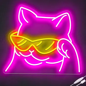 Неонова реклама с Cool Cat за декора на стените, усмихнат кот очила Led неонова реклама с захранван от USB с регулируема яркост, Cool Cat