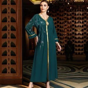 Жена Арабското рокля Абая в Дубай 2023, Ново Женствена рокля с Диамантена вложка, Рокля роба, Без колан, Рокля с V-образно деколте и дълги ръкави