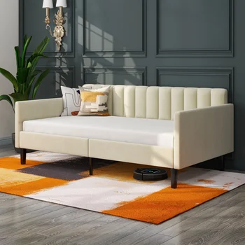 Двухразмерная диван с бежовата кадифена тапицерия, оребрена облегалка с дрямка, Канапе в луксозен модерен дизайн, Комфортна Пенопластовая плат-наситен цвят