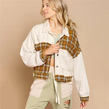 Есенно-зимни якета За жени, свободна от деним яке в стил мозайка, с дълъг ръкав, класическо късо палто в клетка с ревера на копчета