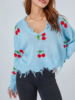 Жена пуловер с V образно деколте и ожулвания, пуловер с дълъг ръкав, вязаный Y2K топ с пискюли, градинска облекло