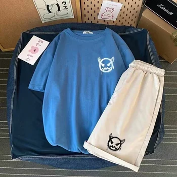 3XL комплект от две части в стил харадзюку, панталони с надпис Monster Graffiti Kawaii, Брючные костюми в стил хип-хоп, мъжки Летни памучни тениски на бяло, каки, дамски тениски Kawaii