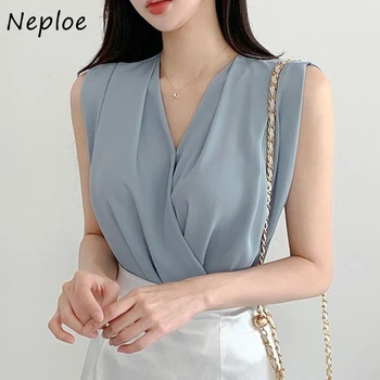 Елегантна френска блуза с кръстосано V-образно деколте Neploe 2024, лятна свободна универсална блуза без ръкави, дамски елегантна риза однотонная