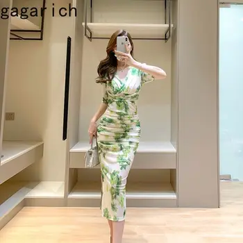 Gagarich Корейското Зелено сетчатое рокля с къси ръкави, новост лятото 2024, стил Pure Desire V-образно деколте, Приталенное Секси рокля с мирис на задните части, Vestidos