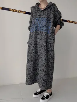 2023 Пролет и есен, ново Корейското Свободното си Дълга рокля с качулка и леопардовым принтом за жени