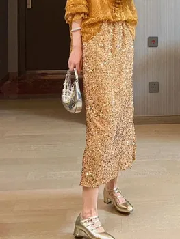 Дамски модни Миди полата с пайети трапецовидна форма, дамски однотонная еластична дълга пола с висока талия, новост есента 2023 година