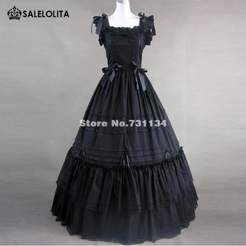Горещо дълга черна рокля с квадратни деколтета в готически стил в виторианском стил, рокли за партита в стил Южна красота принцеса Лолита 