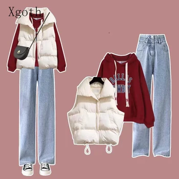 Xgoth, Есенно-зимния комплект с качулка, женски Елегантен Корейски стил, жилетка, академик стил, плюшен hoody, ежедневни панталони, комплект от 3 бр./парче
