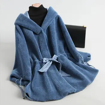 Дамско Зимно палто от естествена кожа с качулка, женски палта за стригане на овце, Дамски ежедневни Топло палто от овче кожа с колан