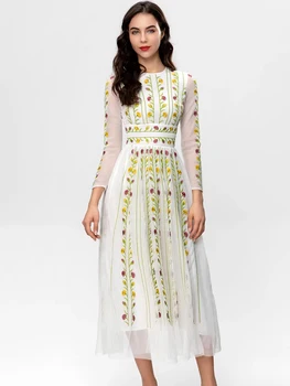 Модерно дизайнерско рокля MoaaYina, лятно женствена рокля, дантелени рокли с цветна бродерия и 3/4 ръкав