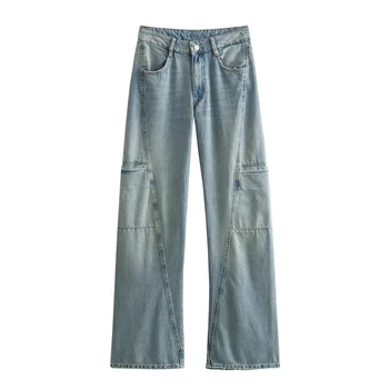 Дънкови панталони-карго ТРАФИКА, класически есенни дънкови панталони с прорезным джоб средна засаждане, широки панталони, дамски ежедневни дълги панталони в американския ретро стил