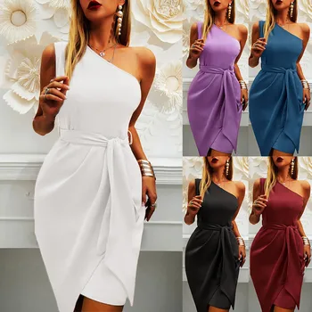 Нова мода асиметрични рокли за жени 2023 г., Елегантна темпераментное рокля с наклонени рамене, однотонное рокля midi без ръкав с колан