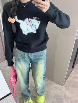 Hikigawa Ежедневни дамски пуловери Kawaii Katten с дълъг ръкав И кръгло деколте Меки плетени Пуловери Върховете Sweet Chic Модни Универсални скок