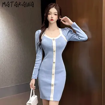 Вязаное рокля Matakawa с копчета в Контрастен цвят, Корейската мода, Есен-зима Дамски рокли, Тънък Секси Халат Femme