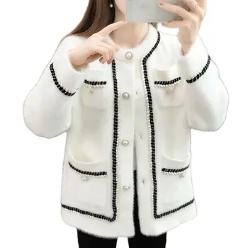Дамско Късо палто от руното Дупки с жемчужными копчета, дамски елегантна градинска яке от мека тъкан, Модерно и Топло палто свободно намаляване на