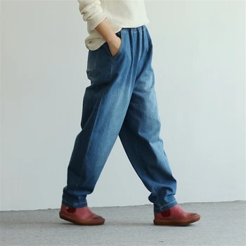 Johnature, дънкови панталони с еластичен ластик на кръста, на Новост на есента 2023, ежедневни сини, Свободни широки панталони с джобове, Модни дънки от един размер за жени