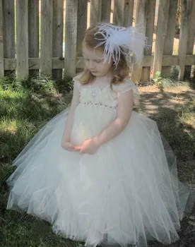 Рокля-пакетче с бели пера и цветя за момичета, детски дантелено рокля от тюл, бална рокля с заколкой за коса, детски празнични рокли за рожден ден