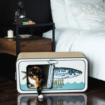 Каталонская когтеточка за котки Ретро дизайн, игралната къщичка от гофриран картон под формата на буркани с аншоа, за щастие и здраве домашен любимец, безопасно и нетоксично