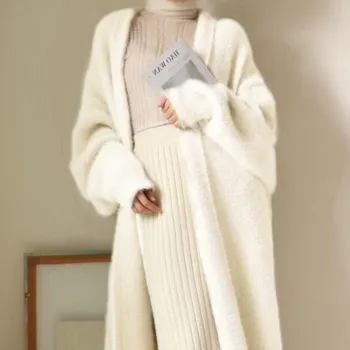 Бяла Дълга жилетка за жени, зимни дрехи, Вязаный Пухкав Вълнен пуловер с дълъг ръкав, палта, дрехи в корейски стил, приятна Ретро стил
