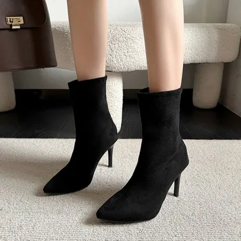 Обувки за женски обувки на тънък висок ток, Секси украса на краката си за нощен клуб, Тънки модерни чорапи, Ботуши за партита и абитуриентски Bullet Power Pointer