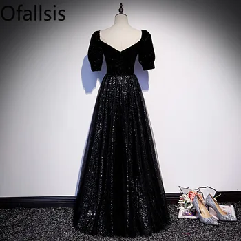 Ofallsis Звездното Небе Черна вечерна рокля с квадратни деколтета 2023 Годишен Женски Банкетна темперамент и Дълги рокли за изпити по чл със сърце на шията