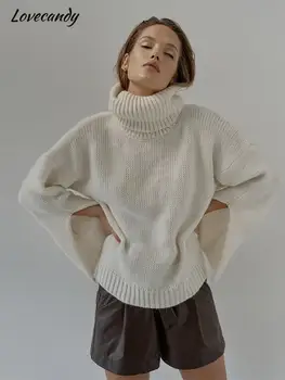 Ежедневието на обикновен Свободен пуловер с висока воротом за жени Елегантен вязаный пуловер с дълъг ръкав и отворен гръб 2023 Зимни шик блузи и за офис дама