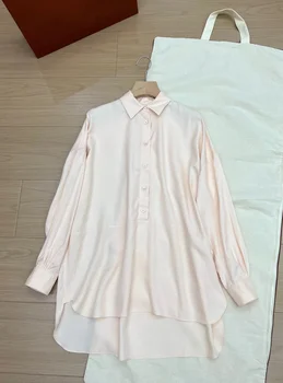 Есен/Зима 2023, нова розова коприна риза с отложным яка и дълъг ръкав, дамски горната блуза