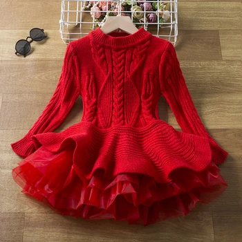 Коледна рокля за момичета, детски червено вязаное рокля-пуловер с дълъг ръкав, детски коледни рокли, костюми на принцеси-поличка за рождения ден.