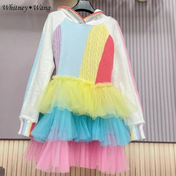 Дизайнерски стил на УИТНИ ВАН 2023, Есенно-зимна градинска мода, Сладко Цветно рокля-пуловер с многослойна мрежа и накъдрен, женствена рокля-пуловер