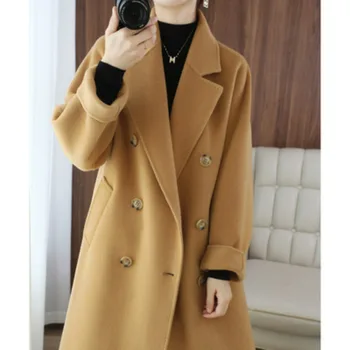 Вълна палто за жени, есен / зима 2023, Ново двустранно однотонное дамско палто твидовое