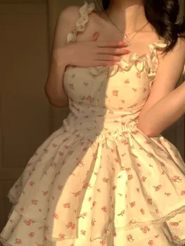 Женствена рокля с цветен модел, Френското елегантен и модерен Мини-рокля за парти, Японската Кавайная Сладката Лолита 2024, Ново Пролетно-лятна рокля