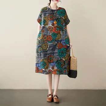 2023 Ретро Памук, Коноп, Ново Лятно Свободно Женствена рокля с цветен модел, на Корейското ежедневното Женствена рокля с принтом, дамски къси ръкави, мода Harajuku